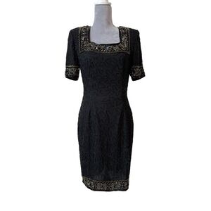 Vintage Stenay Black Gold Short-sleeve Sequin Beaded Sz 6 Cocktail Silk Dress
